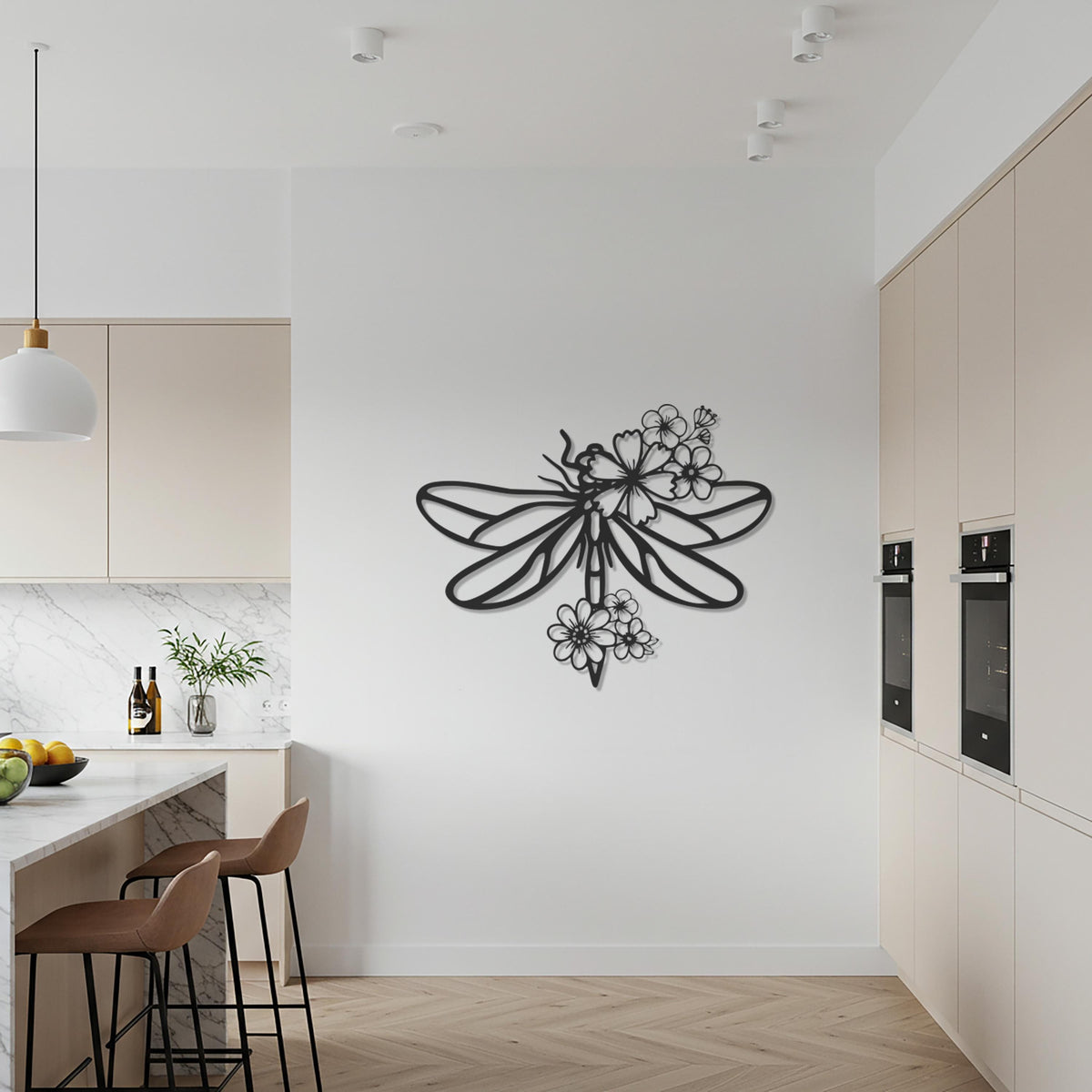 Dragonfly Metal Wall Art with Flowers, Nature Inspired Metal Wall Decor, Botanical Insect Wall Hanging, Modern Minimalist Room Decoration