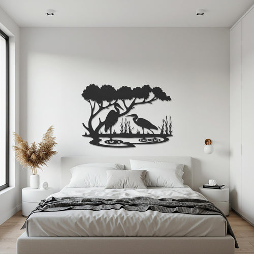 Bird Metal Wall Art, Nature Wall Decor, Heron Silhouette Metal Sign, Lake Scene Wall Hanging, Modern Rustic Wildlife Artwork, Gift for Home