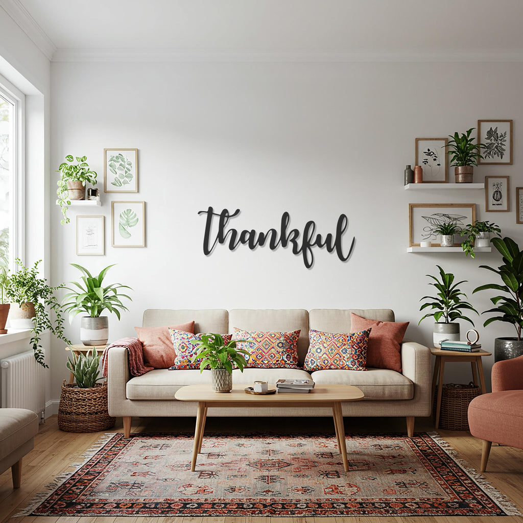 Thankful Metal Wall Art Sign, Modern Script Wall Decor, Inspirational Word Art for Dining Room, Kitchen, Office, or Entryway Decoration