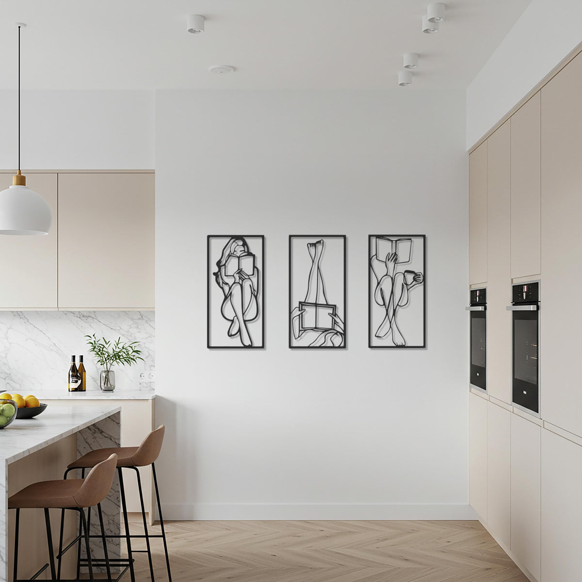 Minimalist Reading Woman Metal Wall Art Set, 3 Piece Line Art Bedroom Decor, Modern Black Abstract Female Silhouette Panel Set