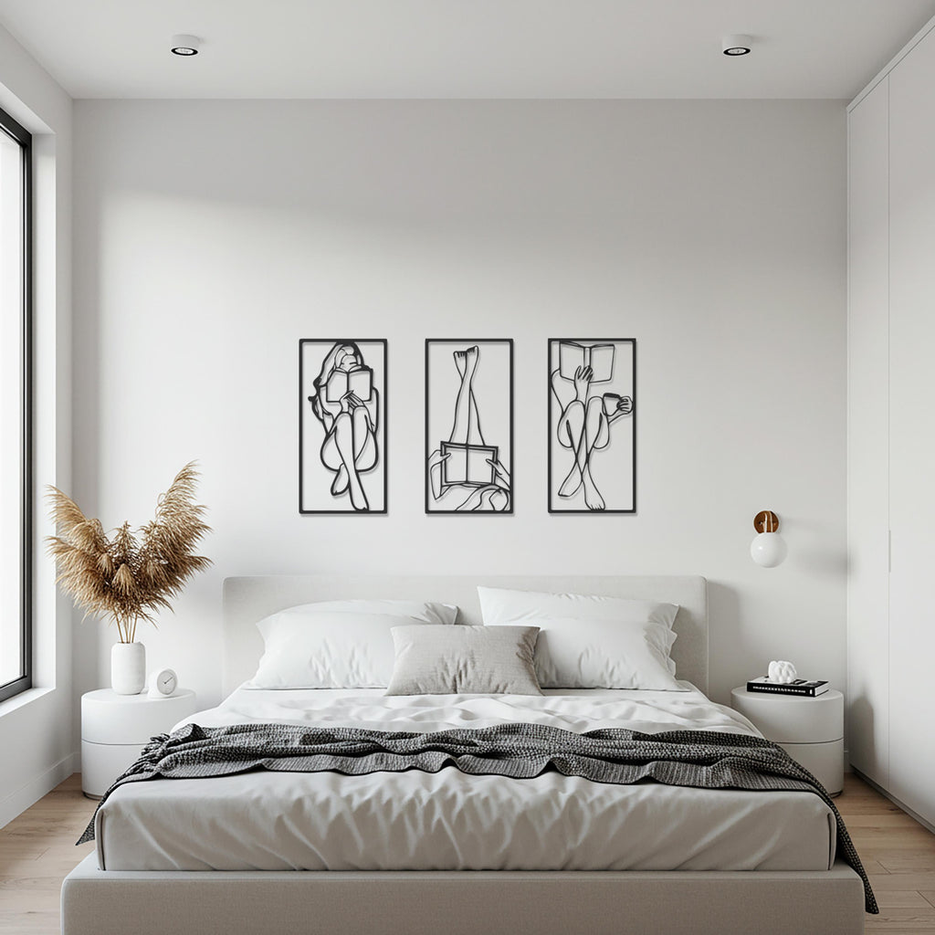 Minimalist Reading Woman Metal Wall Art Set, 3 Piece Line Art Bedroom Decor, Modern Black Abstract Female Silhouette Panel Set