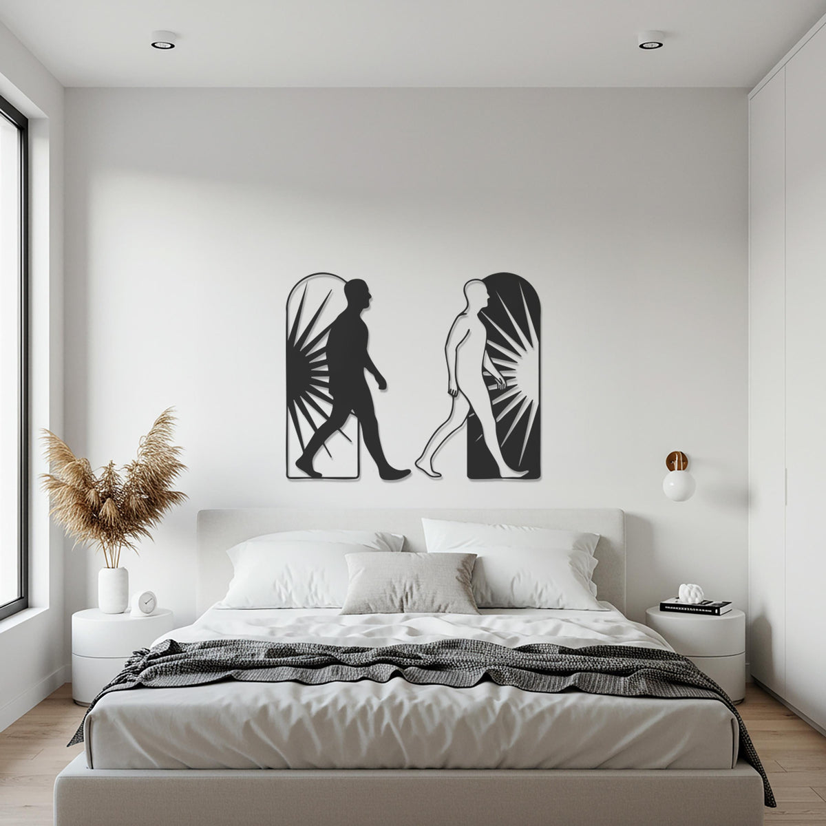 Black and White Silhouette Metal Wall Art, Dual Figure Walking Design, Modern Minimalist Geometric Wall Sculpture for Contemporary Decor