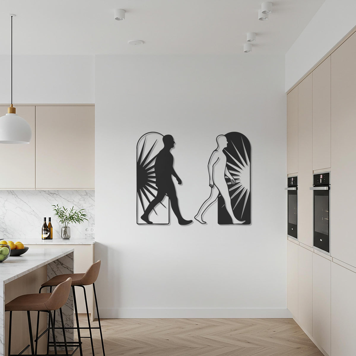 Black and White Silhouette Metal Wall Art, Dual Figure Walking Design, Modern Minimalist Geometric Wall Sculpture for Contemporary Decor