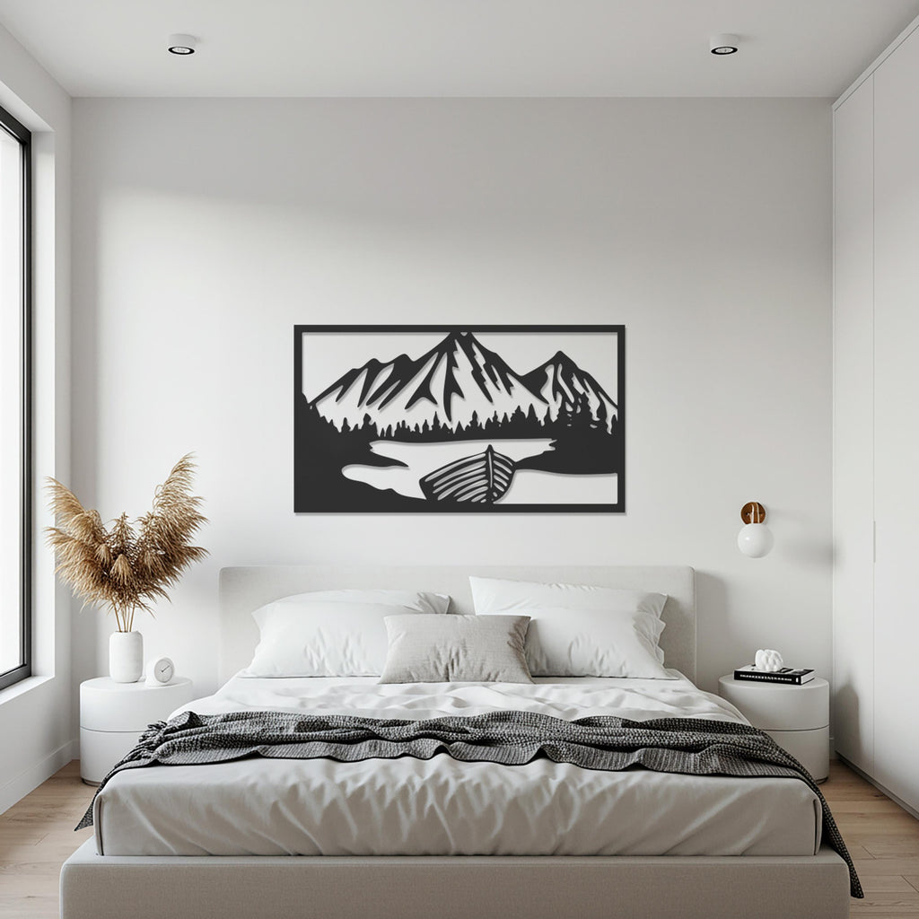 Mountain Landscape Metal Wall Art, Nature Scene with Boat and Lake, Rustic Cabin Wall Decor, Modern Lodge Artwork for Living Spaces