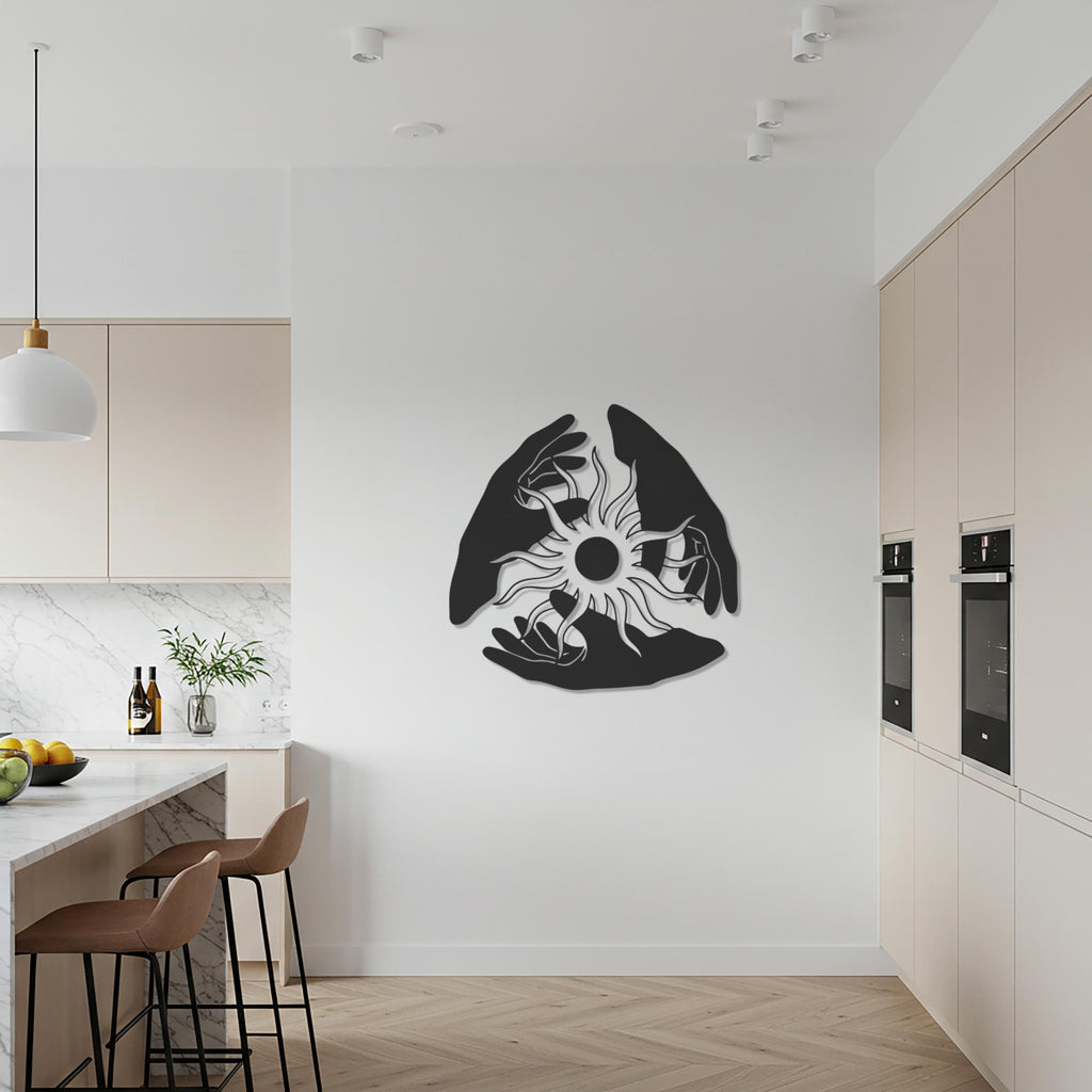 Sun and Hands Metal Wall Art, Abstract Hand Silhouette with Radiant Sun Design, Modern Geometric Wall Decor for Elegant Home Styling