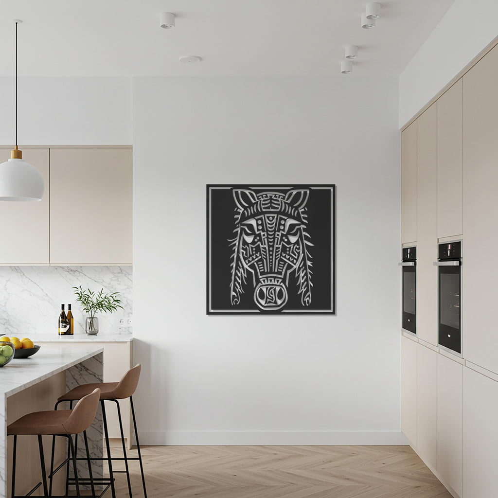 Geometric Horse Head Metal Wall Art, Tribal Style Square Animal Silhouette, Modern Black Decor, Bold Statement Artwork for Home & Office