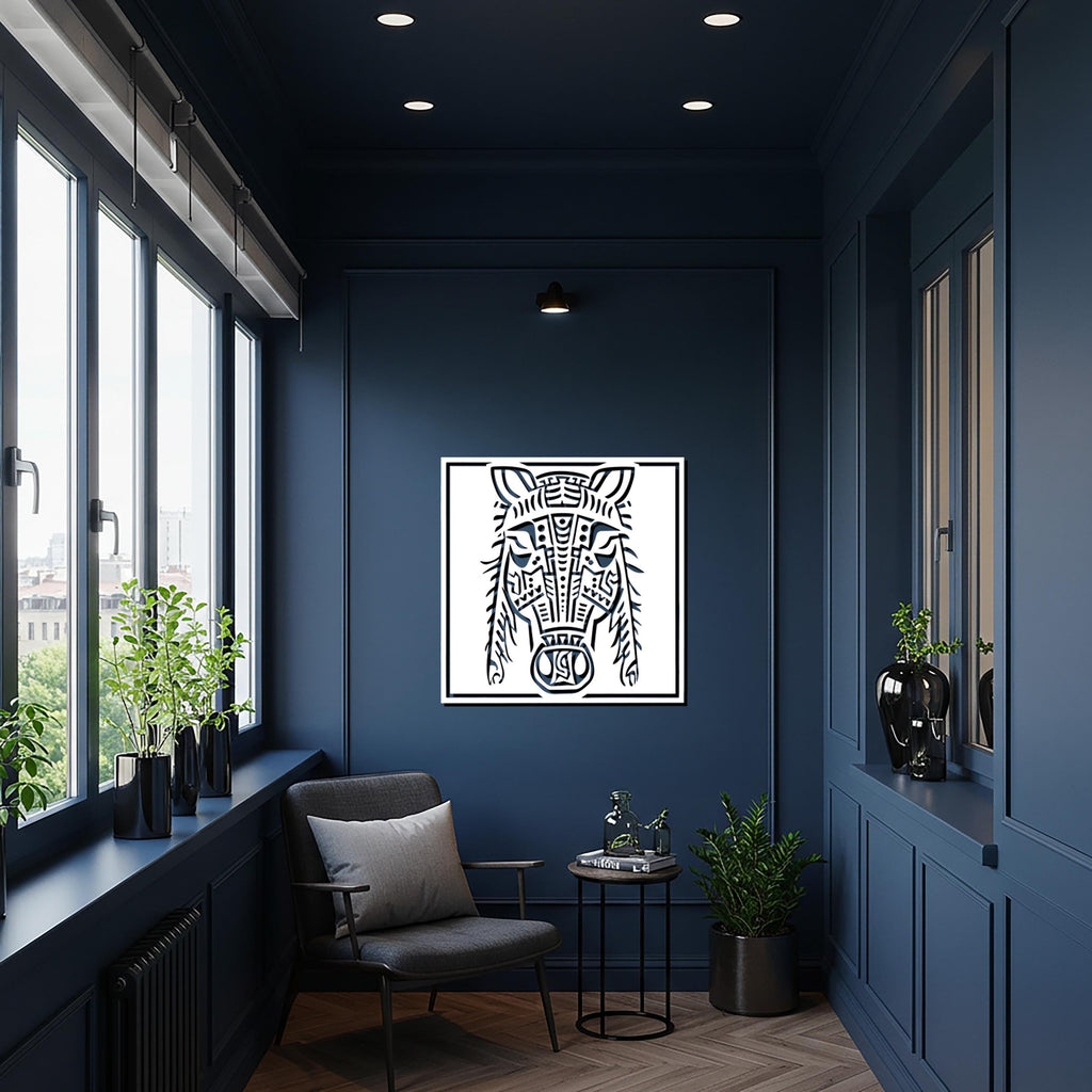 Geometric Horse Head Metal Wall Art, Tribal Style Square Animal Silhouette, Modern Black Decor, Bold Statement Artwork for Home & Office