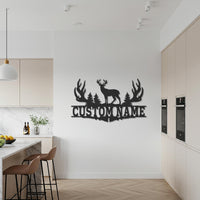 Custom Deer Metal Wall Art, Personalized Hunting Lodge Wall Decor, Rustic Antler Forest Sign, Cabin Name Plaque, Gift for Hunters 1