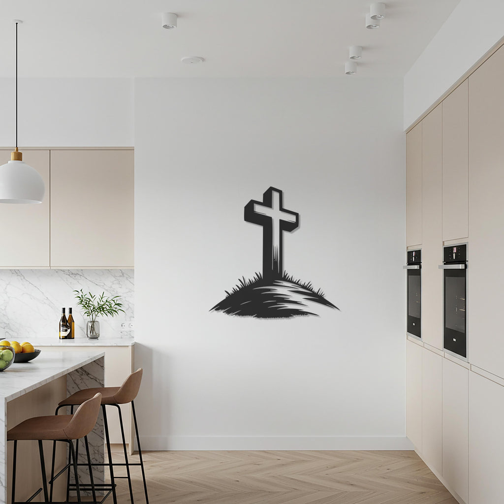 Cross on Hill Metal Wall Art, Religious Christian Wall Decor, Inspirational Faith Sign, Modern Minimalist Cross Artwork for Home