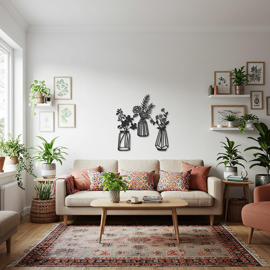 Flower Jar Wall Art, Minimalist Floral Vases Metal Decor, Modern Black Wall Hanging for Home, Living Room, Kitchen, Gift Idea