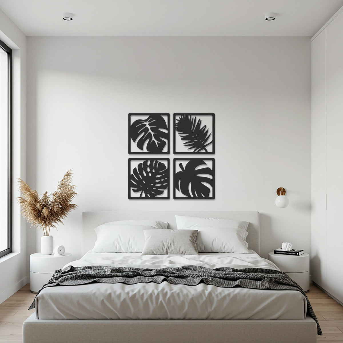 Set of 4 Leaf Metal Wall Art Panels, Tropical Monstera and Palm Silhouette Decor for Kitchen, Living Room, Modern Botanical Home Gift