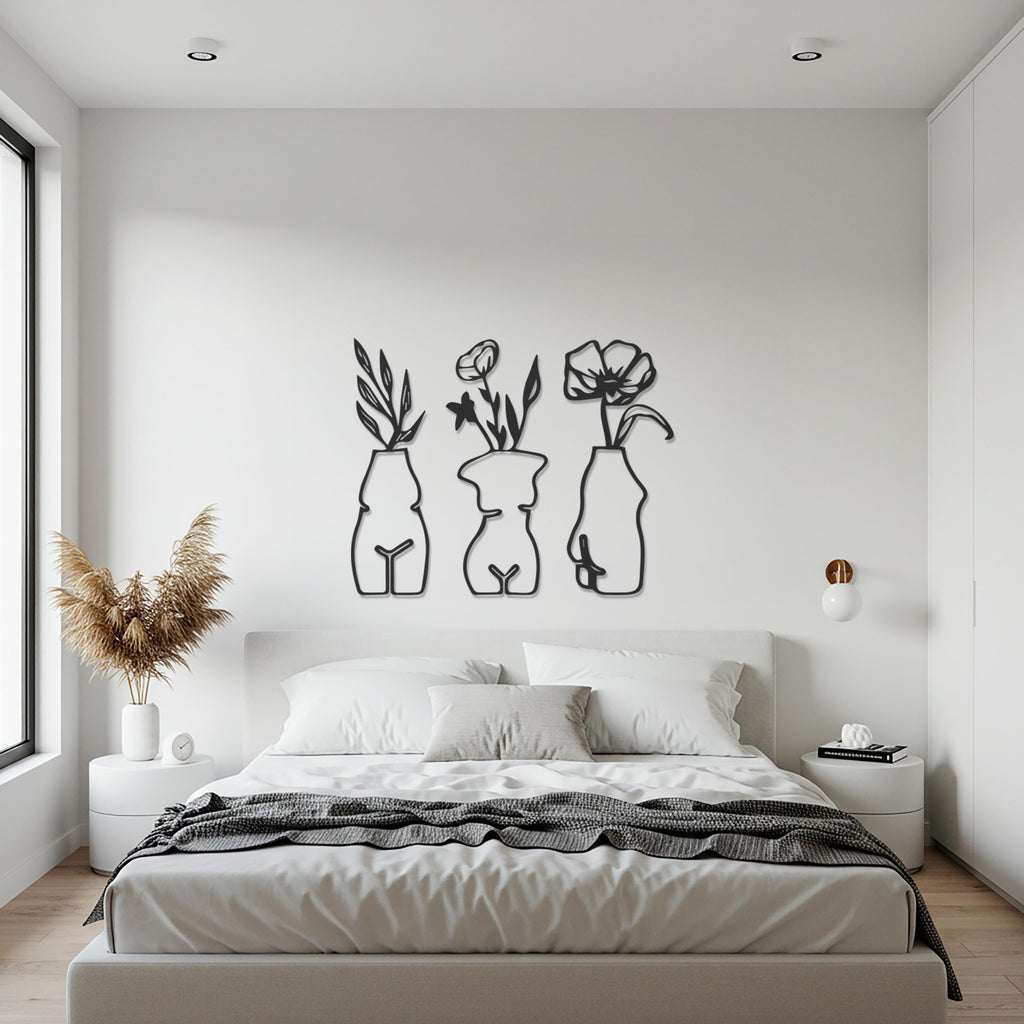 3 Piece Female Form Vase Metal Wall Art, Minimalist Floral Silhouette Decor for Kitchen, Dining Room, Modern Artistic Home Gift
