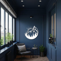 Mountain and Sun Metal Wall Art, Circular Nature Silhouette with Trees, Rustic Modern Decor for Living Room, Cabin, or Nature Lover Gift 2