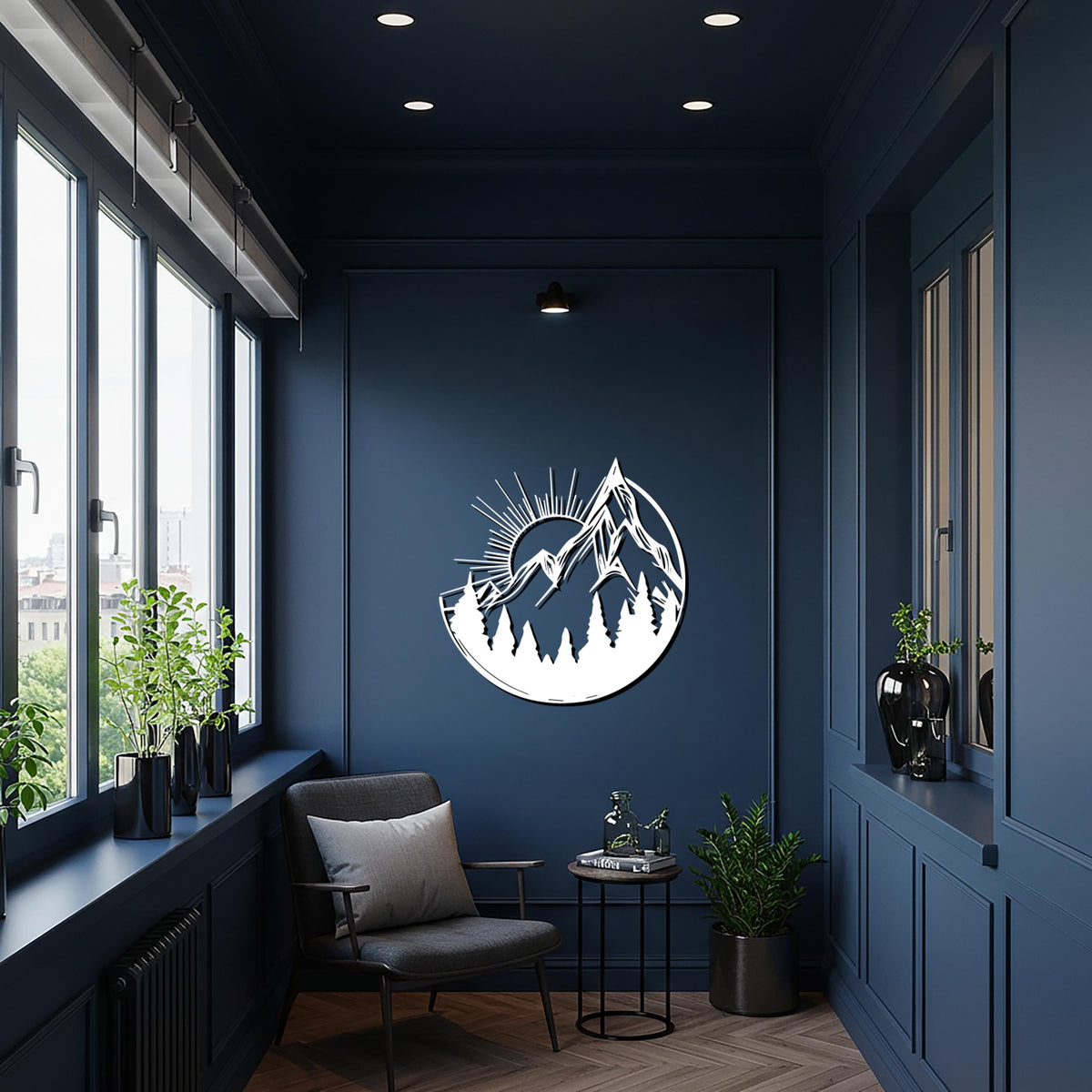 Mountain and Sun Metal Wall Art, Circular Nature Silhouette with Trees, Rustic Modern Decor for Living Room, Cabin, or Nature Lover Gift