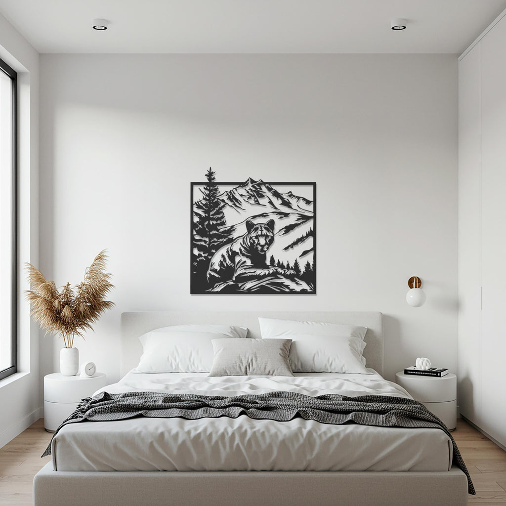 Tiger and Mountain Metal Wall Art, Wildlife Silhouette with Forest and Peaks, Rustic Modern Decor for Living Room or Nature Lover Gift