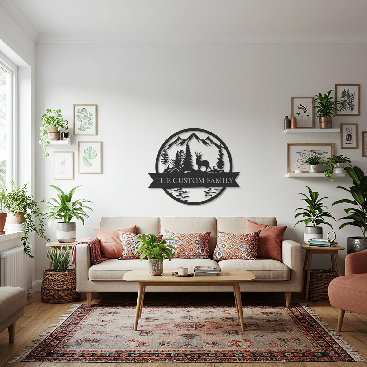 Custom Name Mountain and Deer Metal Wall Art, Personalized Family Name Sign, Rustic Cabin or Living Room Nature Decor, Unique Home Gift