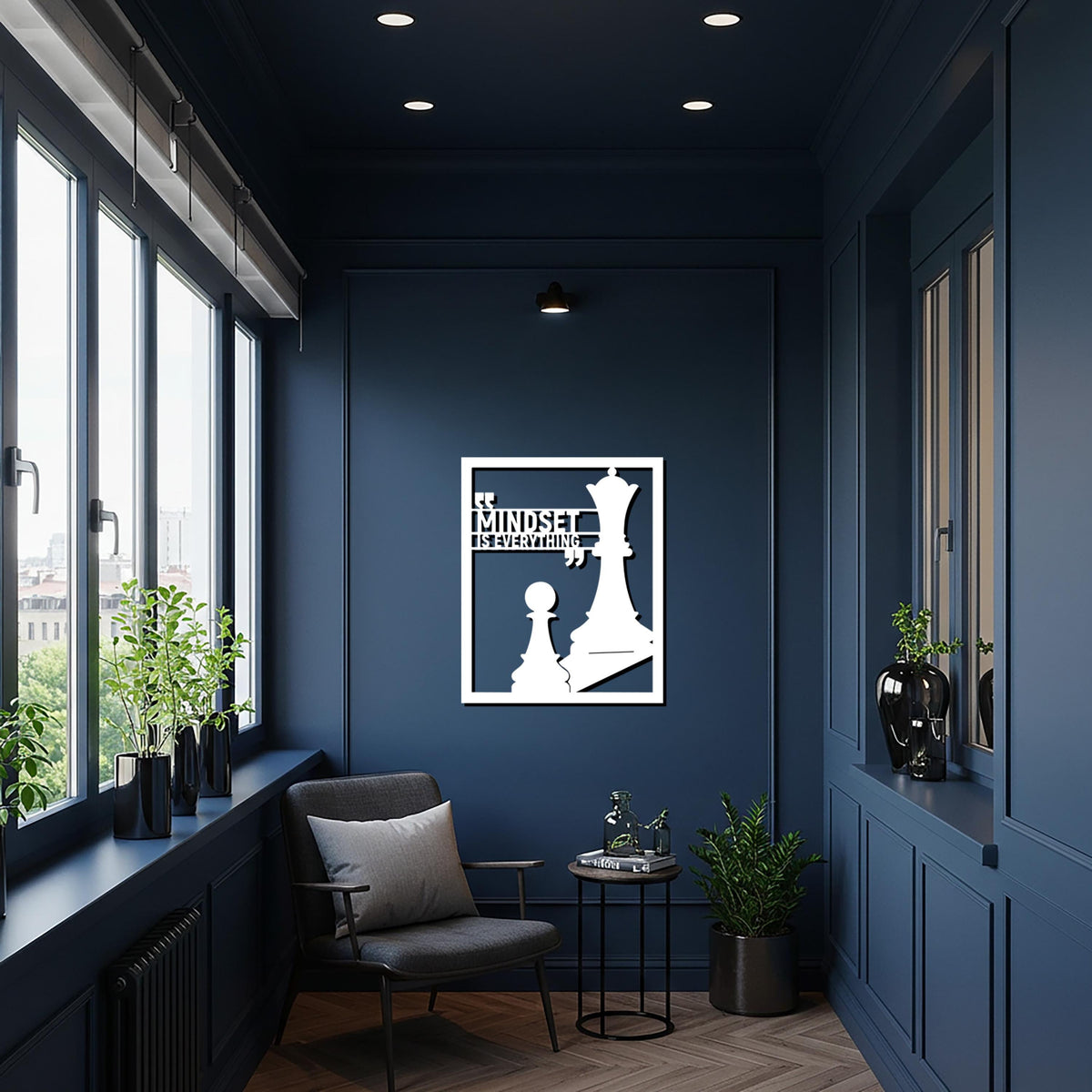 Mindset is Everything Chess Metal Wall Art, Motivational Quote with Chess Pieces, Modern Office or Living Room Decor, Gift for Game Lovers