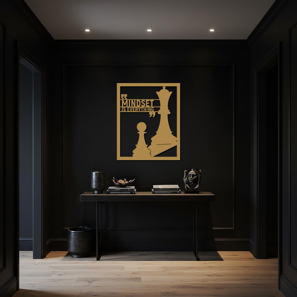 Mindset is Everything Chess Metal Wall Art, Motivational Quote with Chess Pieces, Modern Office or Living Room Decor, Gift for Game Lovers