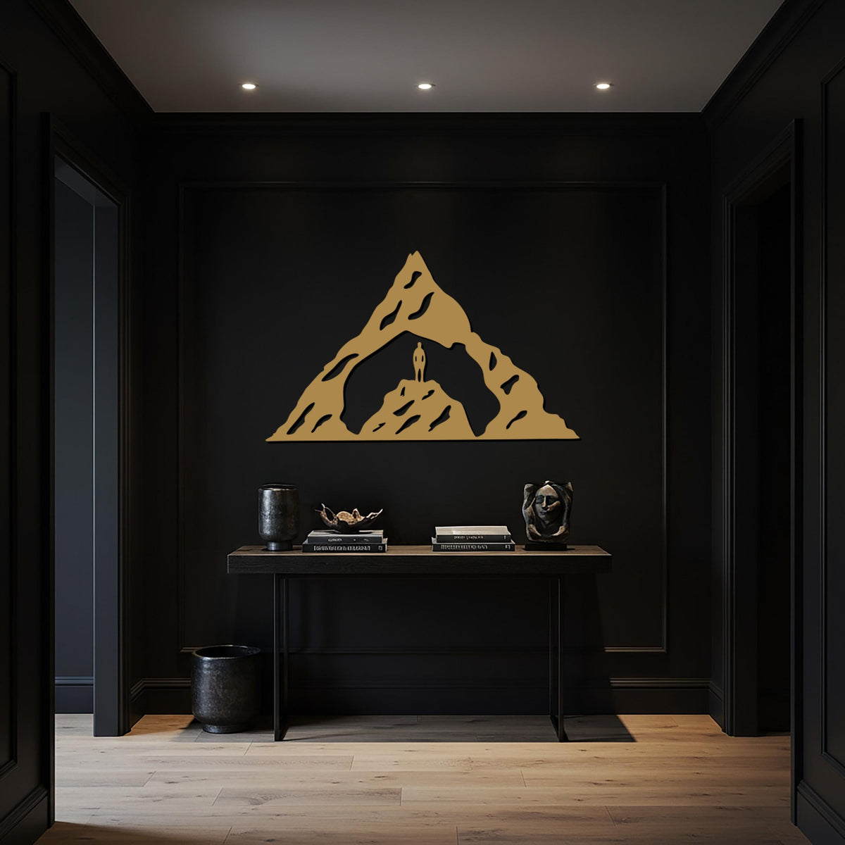 Mountain Peak Adventure Metal Wall Art, Modern Geometric Mountain Scene with Lone Explorer, Minimal Nature Wall Decor for Home or Office