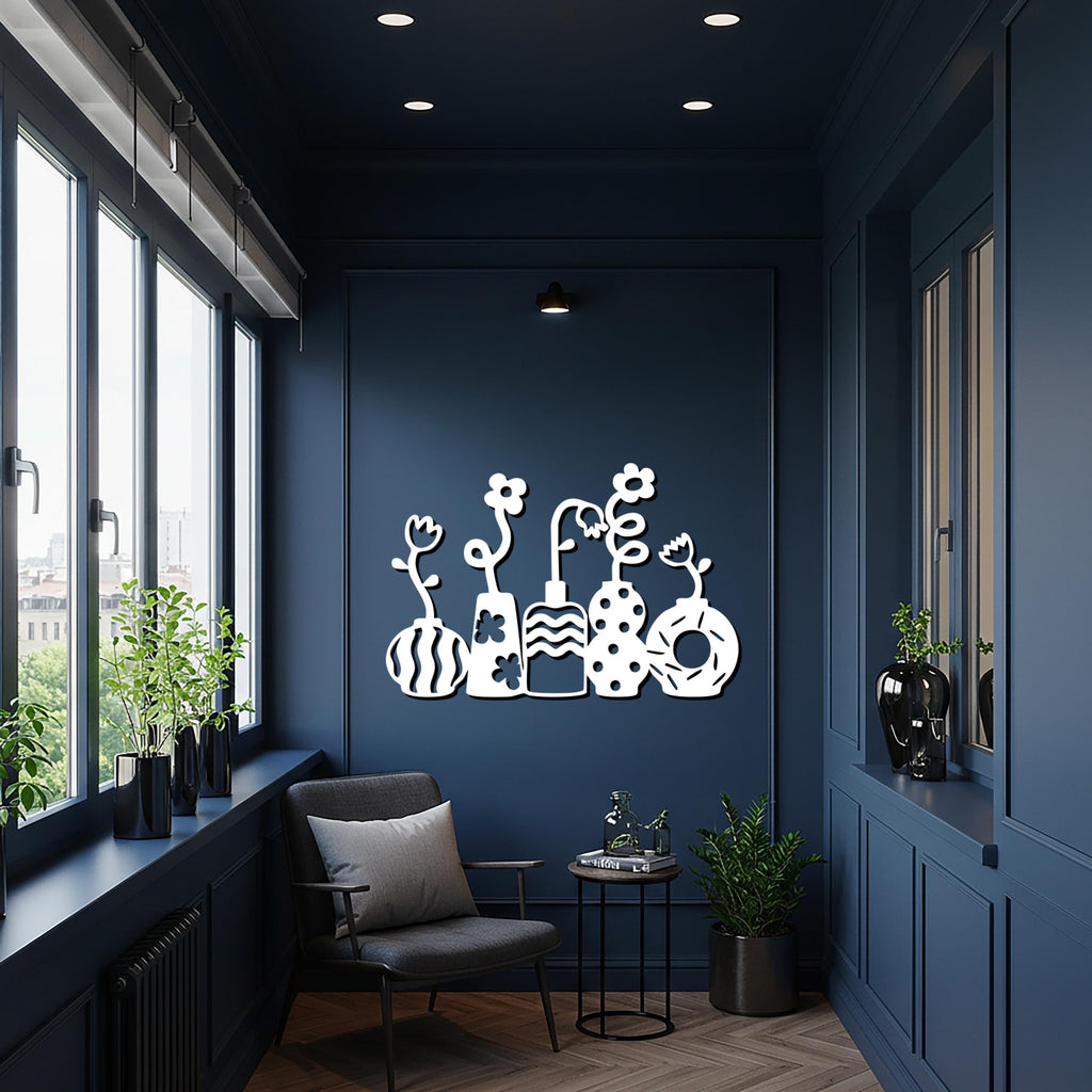 Modern Flower Vase Metal Wall Art – Black & White Decorative Floral Silhouette for Kitchen, Dining, or Contemporary Home Decor