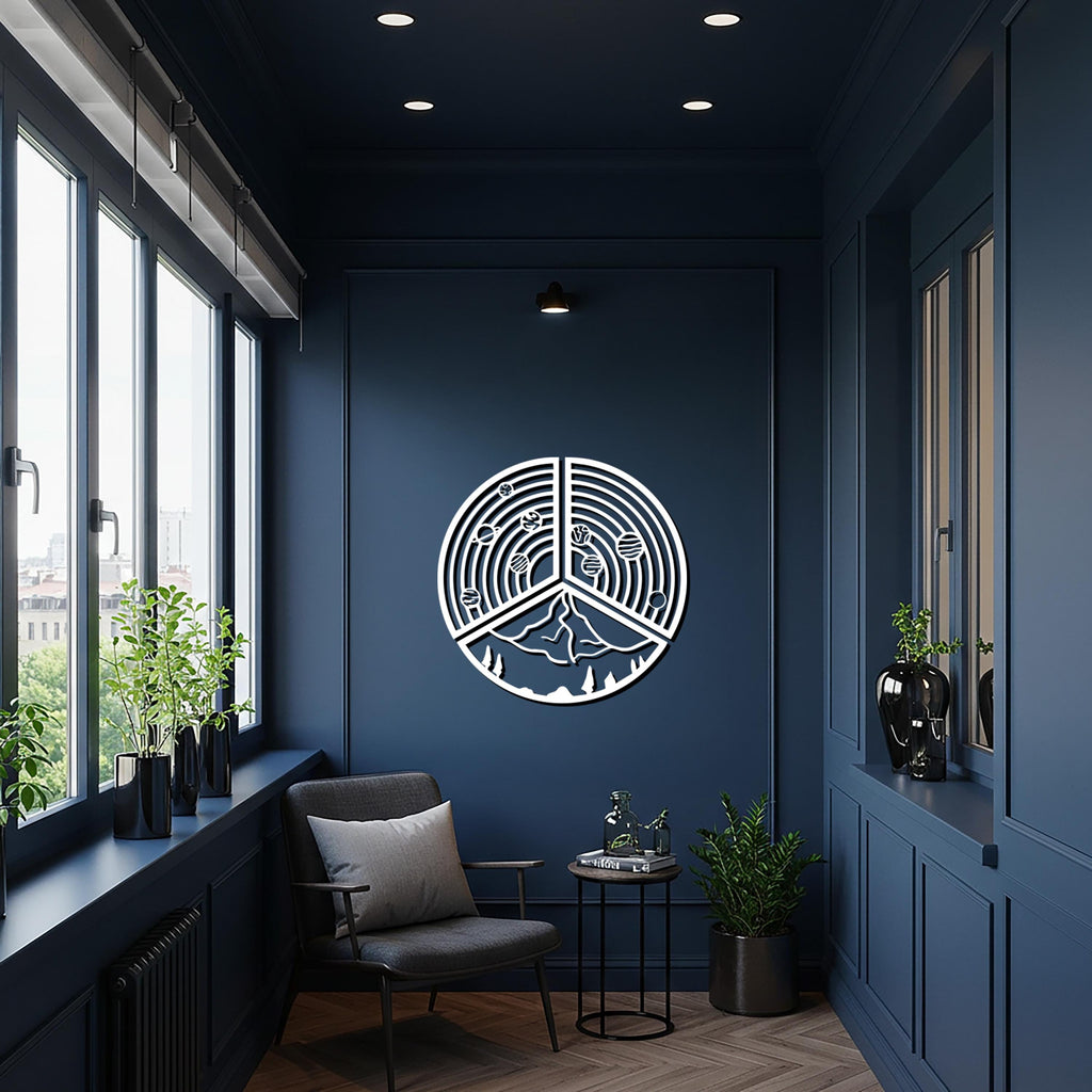 Round Metal Wall Art, Mountain Landscape and Planet Design, Cosmic Wall Decor, Circle Geometric Home Accent, Modern Abstract Artwork