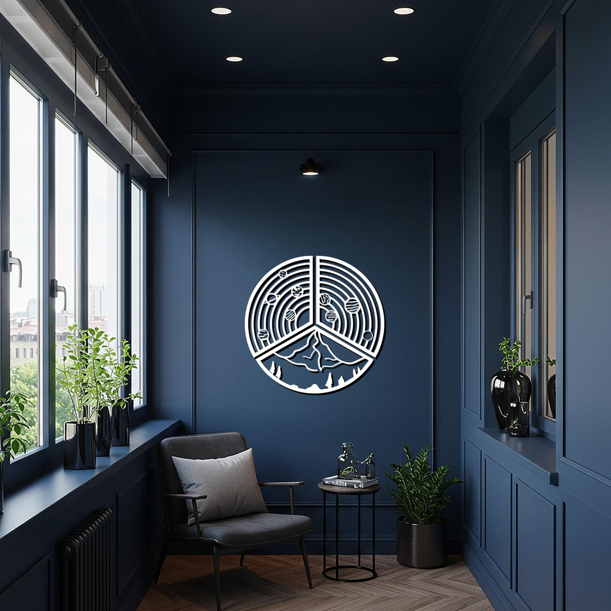 Round Metal Wall Art, Mountain Landscape and Planet Design, Cosmic Wall Decor, Circle Geometric Home Accent, Modern Abstract Artwork