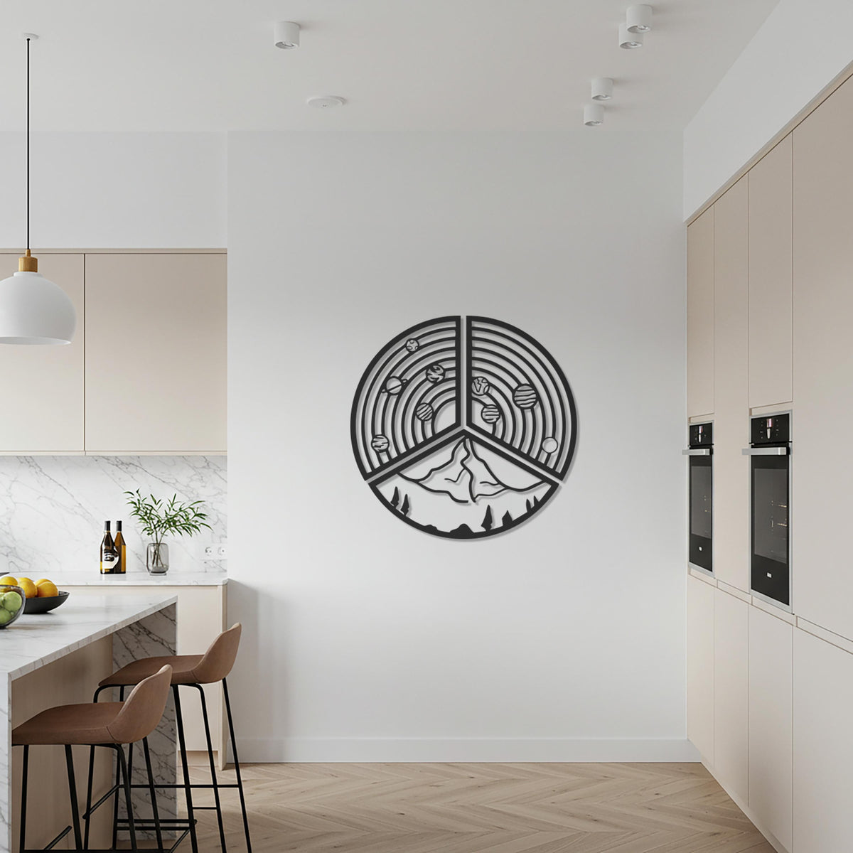Round Metal Wall Art, Mountain Landscape and Planet Design, Cosmic Wall Decor, Circle Geometric Home Accent, Modern Abstract Artwork