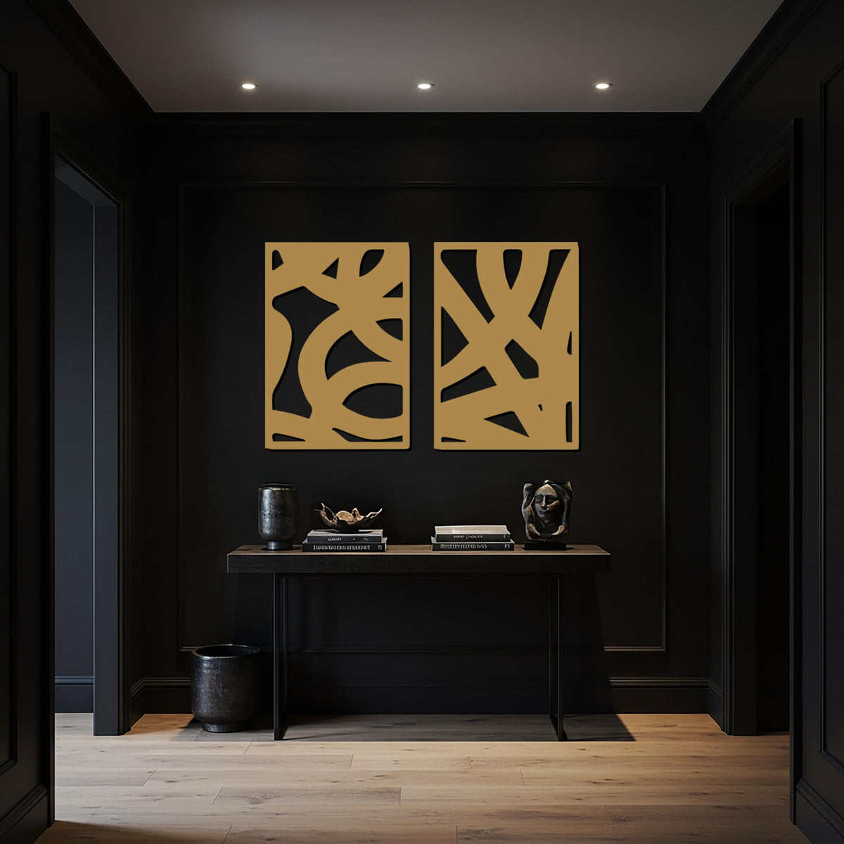 Abstract Metal Wall Art, 2 Panel Modern Sculpture, Minimalist Black Artwork, Contemporary Linear Home Decor for Kitchen or Living Room