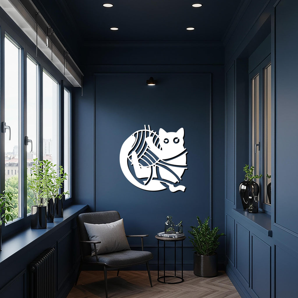 Cat Metal Wall Art, Yarn Ball Animal Decor, Cute Pet Wall Sculpture, Modern Black Artwork, Playful Cat Lover Gift for Kitchen or Living Room