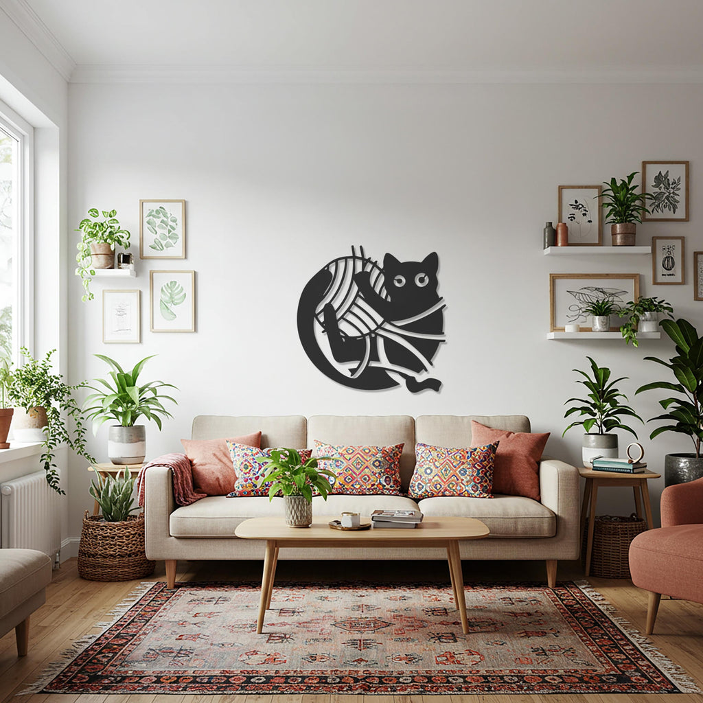 Cat Metal Wall Art, Yarn Ball Animal Decor, Cute Pet Wall Sculpture, Modern Black Artwork, Playful Cat Lover Gift for Kitchen or Living Room