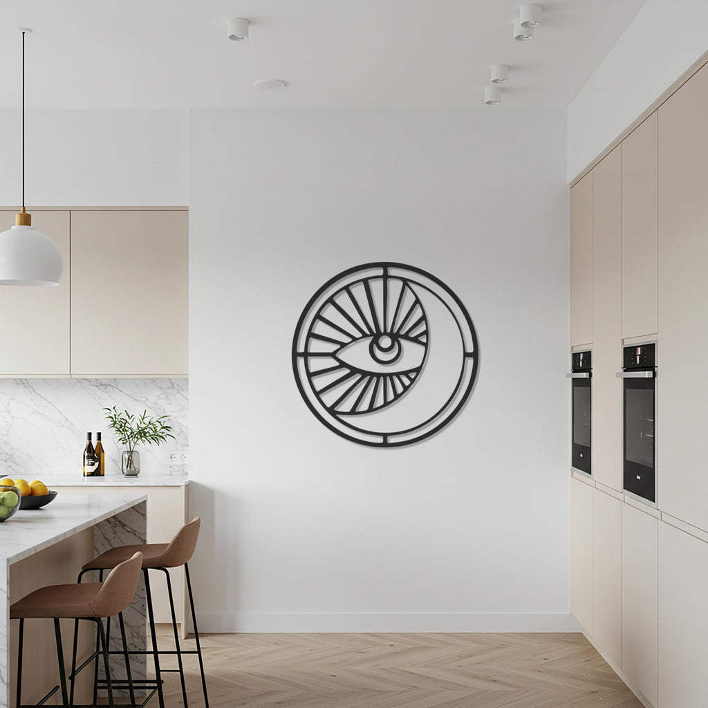 Mystic Eye and Moon Metal Wall Decor, Spiritual Boho Wall Art, Modern Circle Design for Bedroom, Meditation Room & Living Room Decoration