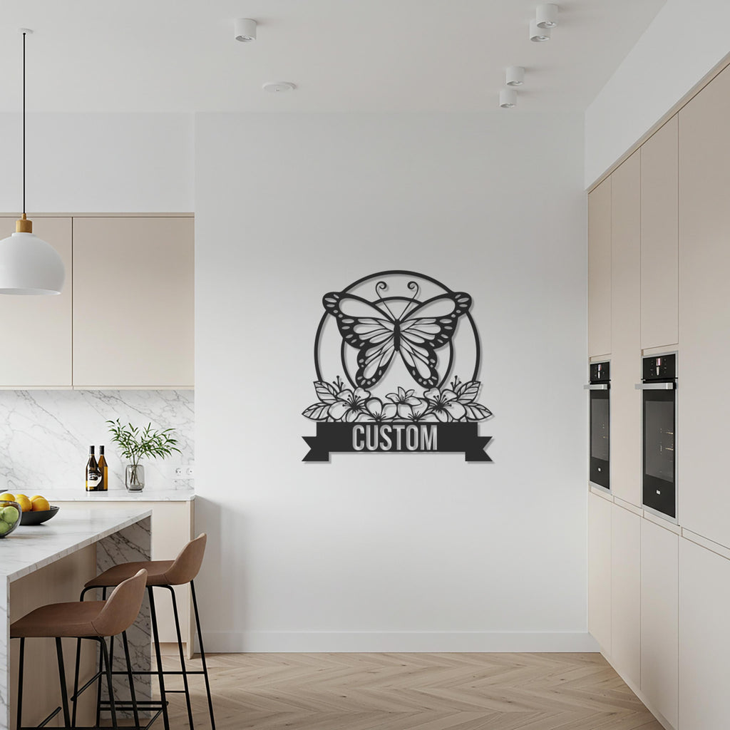 Butterfly Metal Wall Art with Custom Text, Elegant Nature Inspired Butterfly Wall Decor, Personalized Metal Accent for Home & Garden