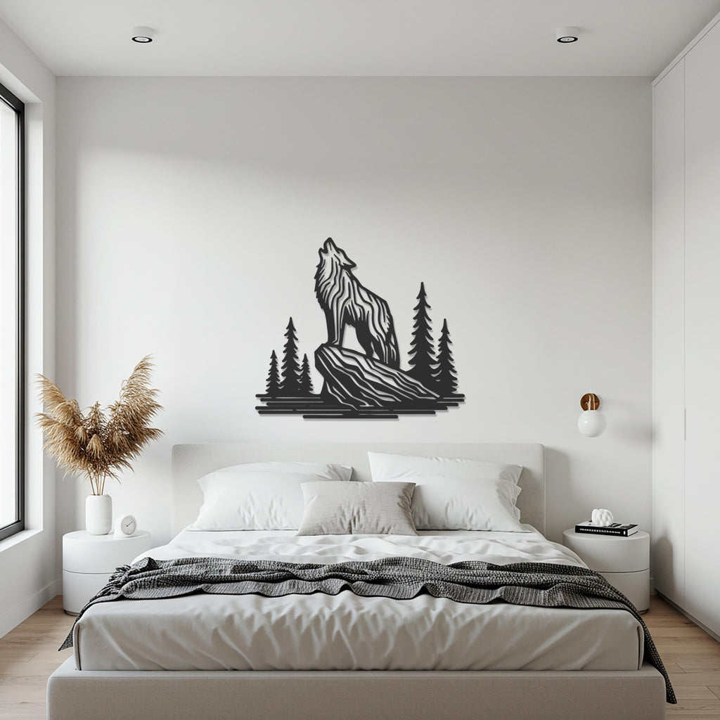 Wolf Metal Wall Art – Howling Wolf Silhouette with Forest and Moon Scene, Rustic Wilderness Accent for Nature Lovers and Cabin-Style Homes