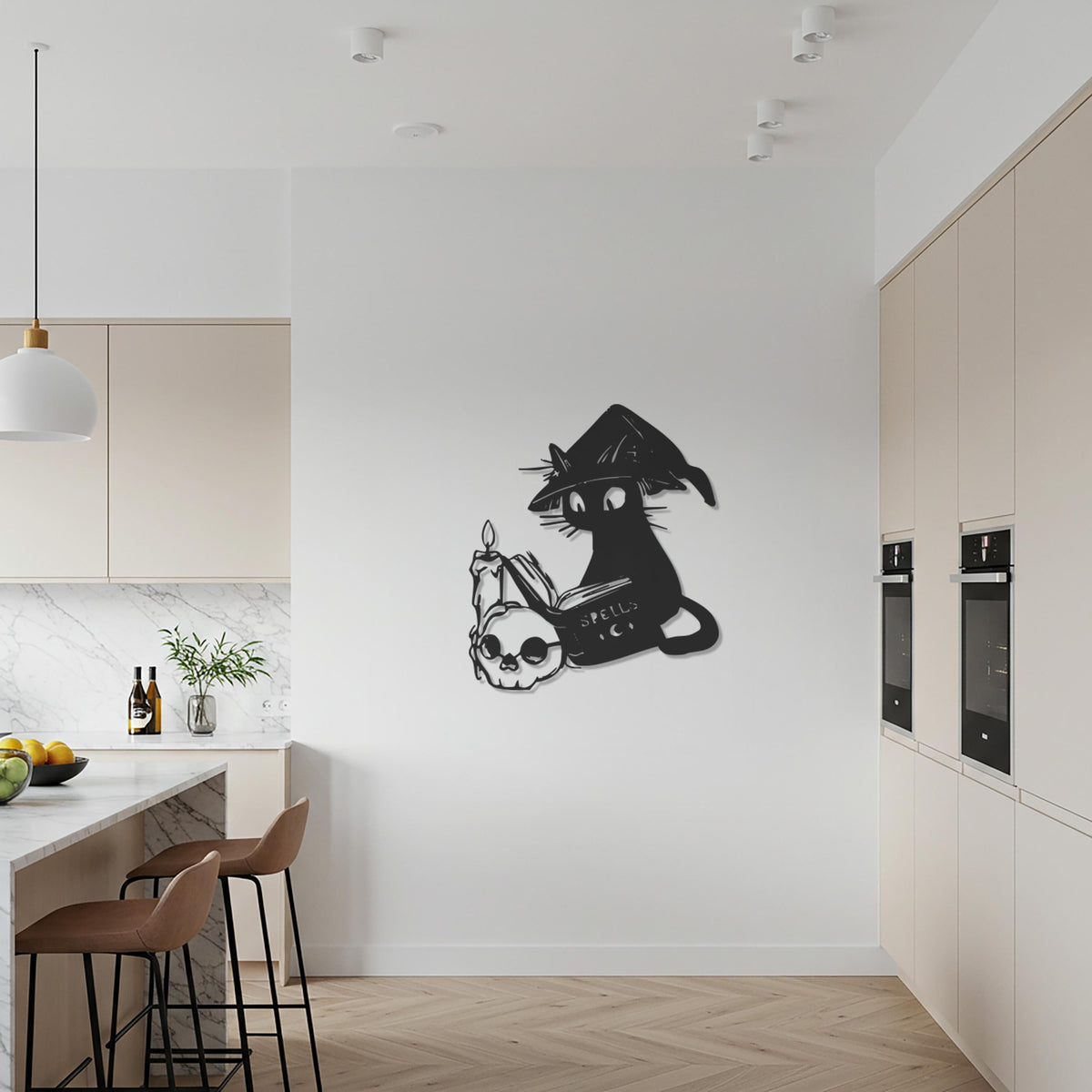 Witch Cat Metal Wall Art, Magical Black Cat with Candle and Spellbook, Gothic Halloween Wall Decor for Witches, Mystics, Fantasy Lovers
