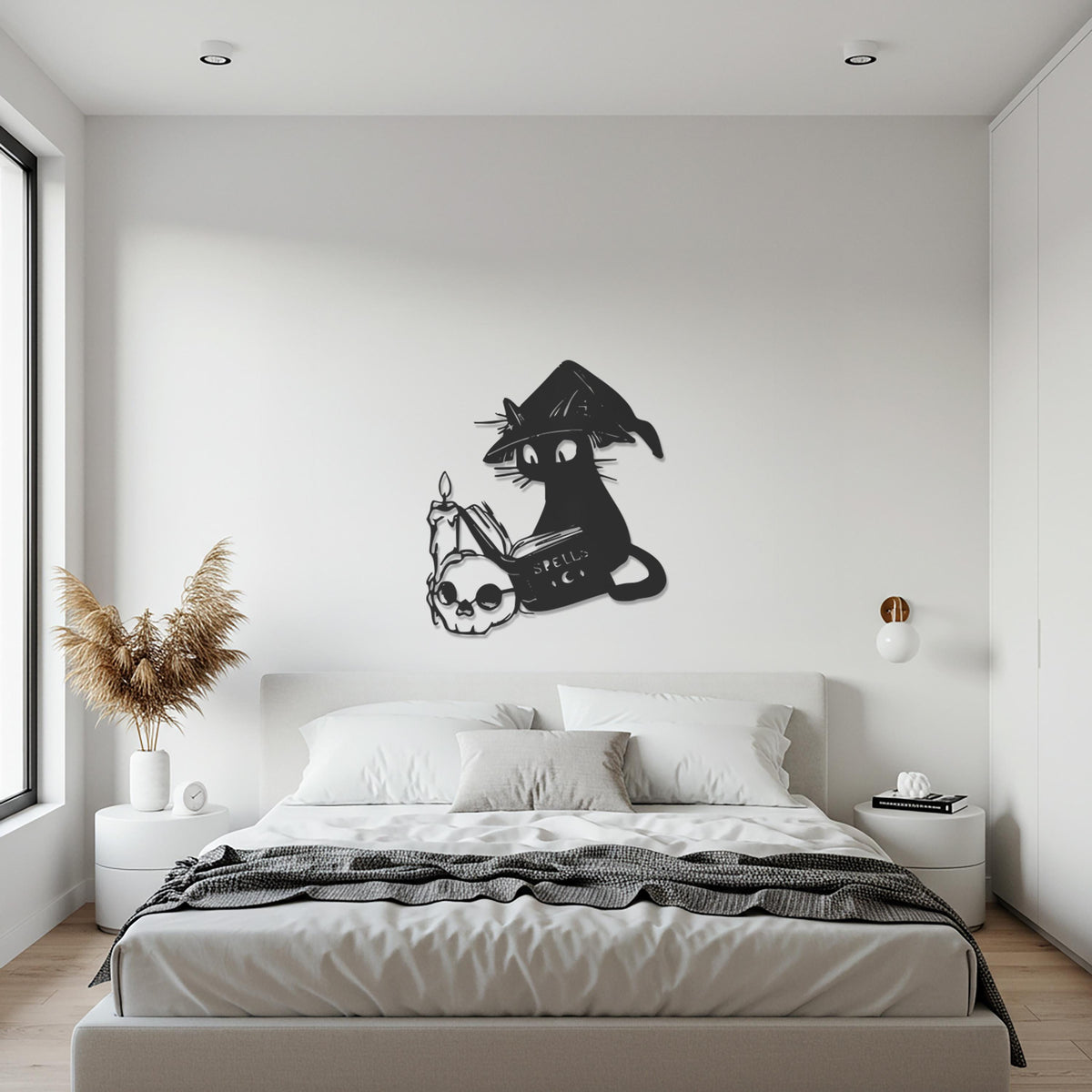 Witch Cat Metal Wall Art, Magical Black Cat with Candle and Spellbook, Gothic Halloween Wall Decor for Witches, Mystics, Fantasy Lovers