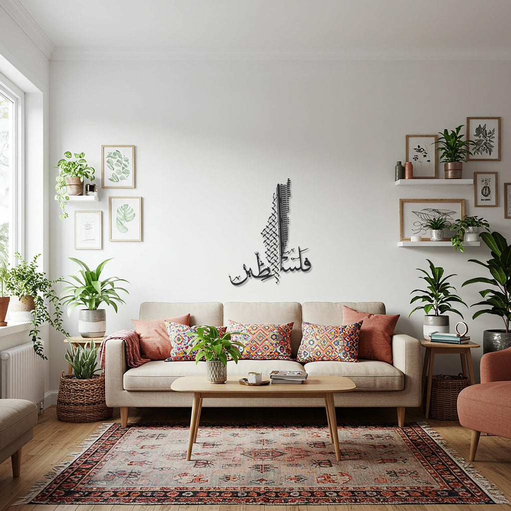 Palestine Map Metal Wall Art, Arabic Calligraphy Wall Decor with Olive Branch, Middle Eastern Heritage Accent for Homes, Offices, and Gifts