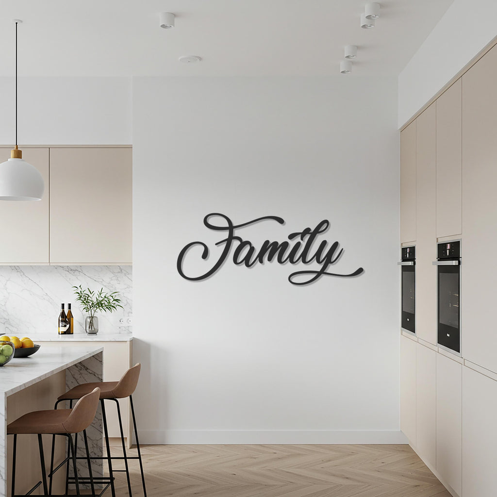 Family Metal Wall Art, Inspirational Quote Steel Decor, Modern Calligraphy Word Sign, Elegant Home Accent and Heartfelt Gift for Loved Ones