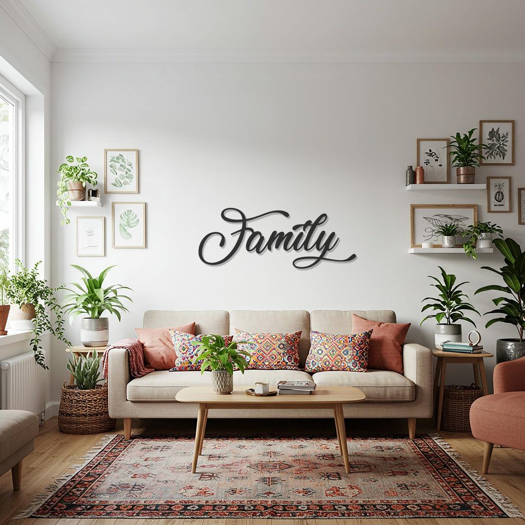 Family Metal Wall Art, Inspirational Quote Steel Decor, Modern Calligraphy Word Sign, Elegant Home Accent and Heartfelt Gift for Loved Ones