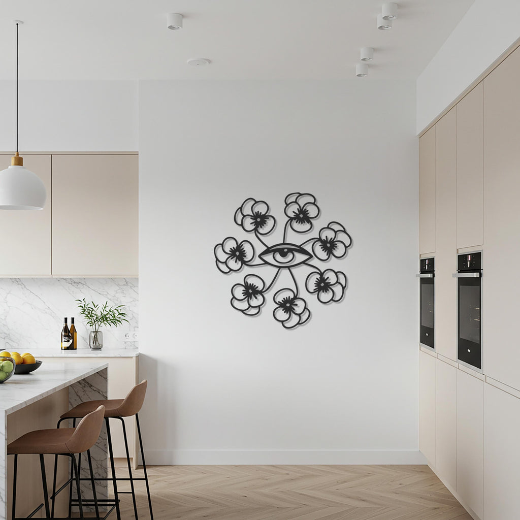 Floral Evil Eye Metal Wall Art, Modern Protective Symbol Decor, Intricate Black Steel Design, Unique Wall Accent for Home or Gift