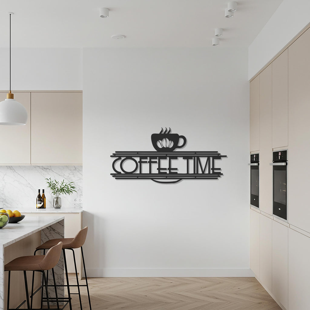Coffee Time Metal Wall Art, Modern Café Inspired Steel Sign for Kitchen or Coffee Corner, Minimalist Home Decor and Barista Gift Idea