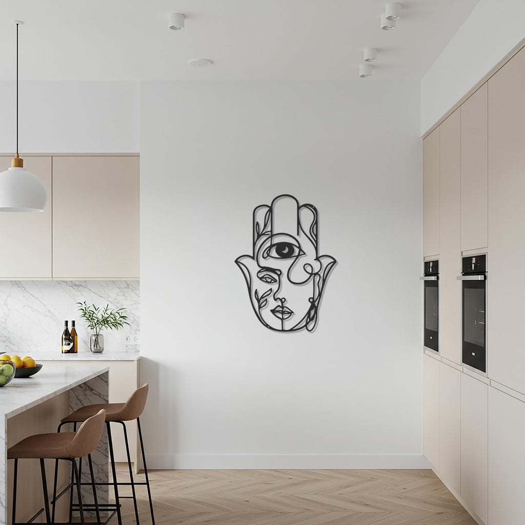 Hamsa Hand Wall Art – Modern Abstract Metal Design with Eye Symbol, Spiritual Protection Decor, Geometric Line Art Steel Sculpture
