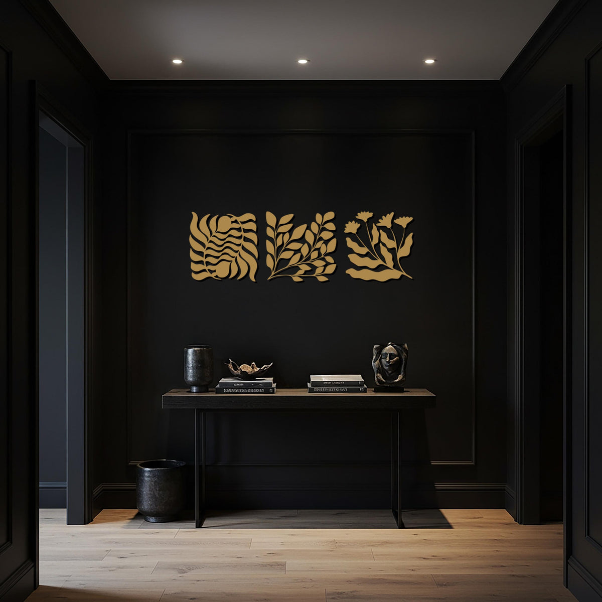 Golden Botanical Metal Wall Art Set of 3, Modern Abstract Leaf Design, Minimalist Nature Inspired Metal Wall Decor for Elegant Interiors