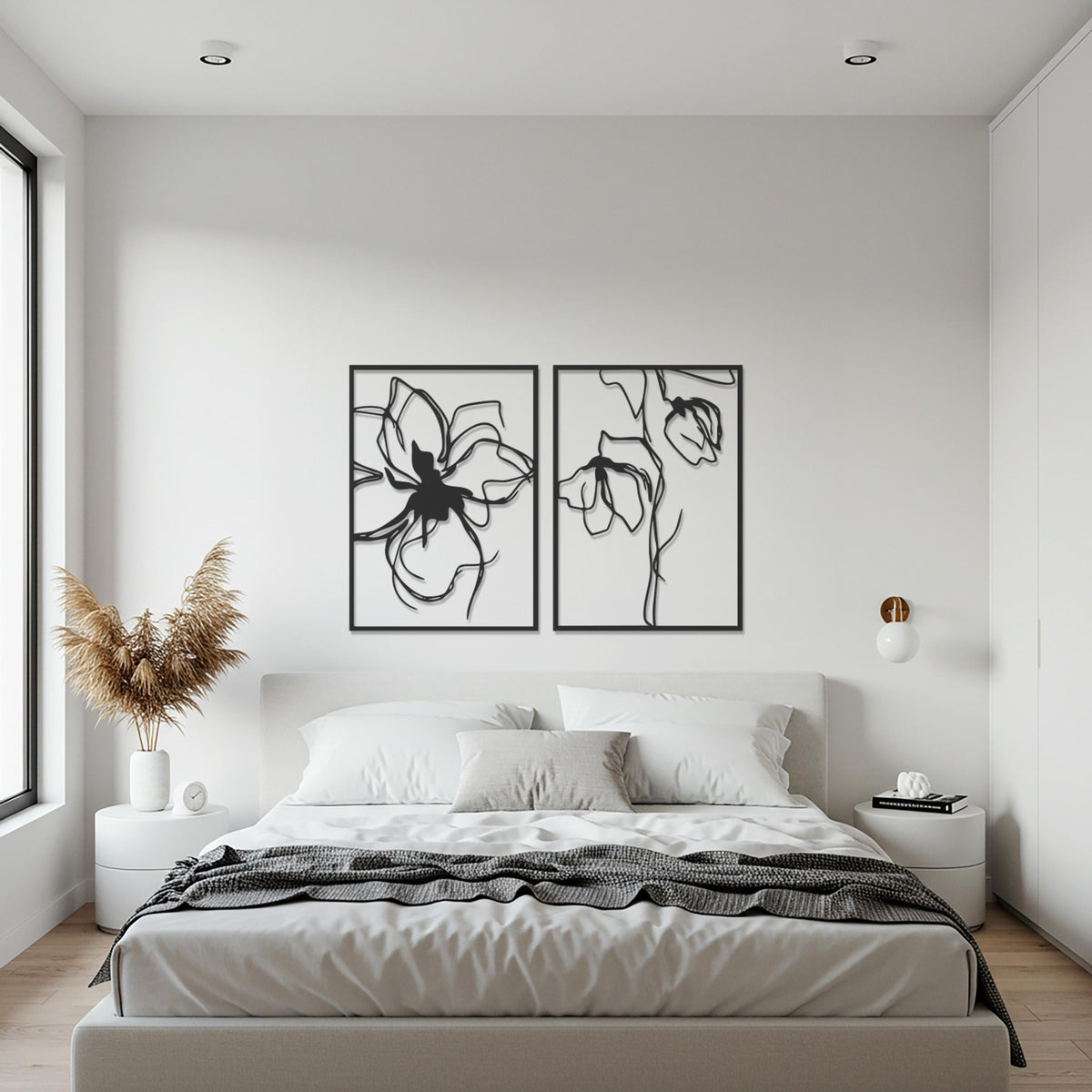 Minimalist Flower Line Art Metal Wall Decor, 2 Piece Modern Botanical Wall Art Set, Elegant Metal Floral Wall Accent for Living Room