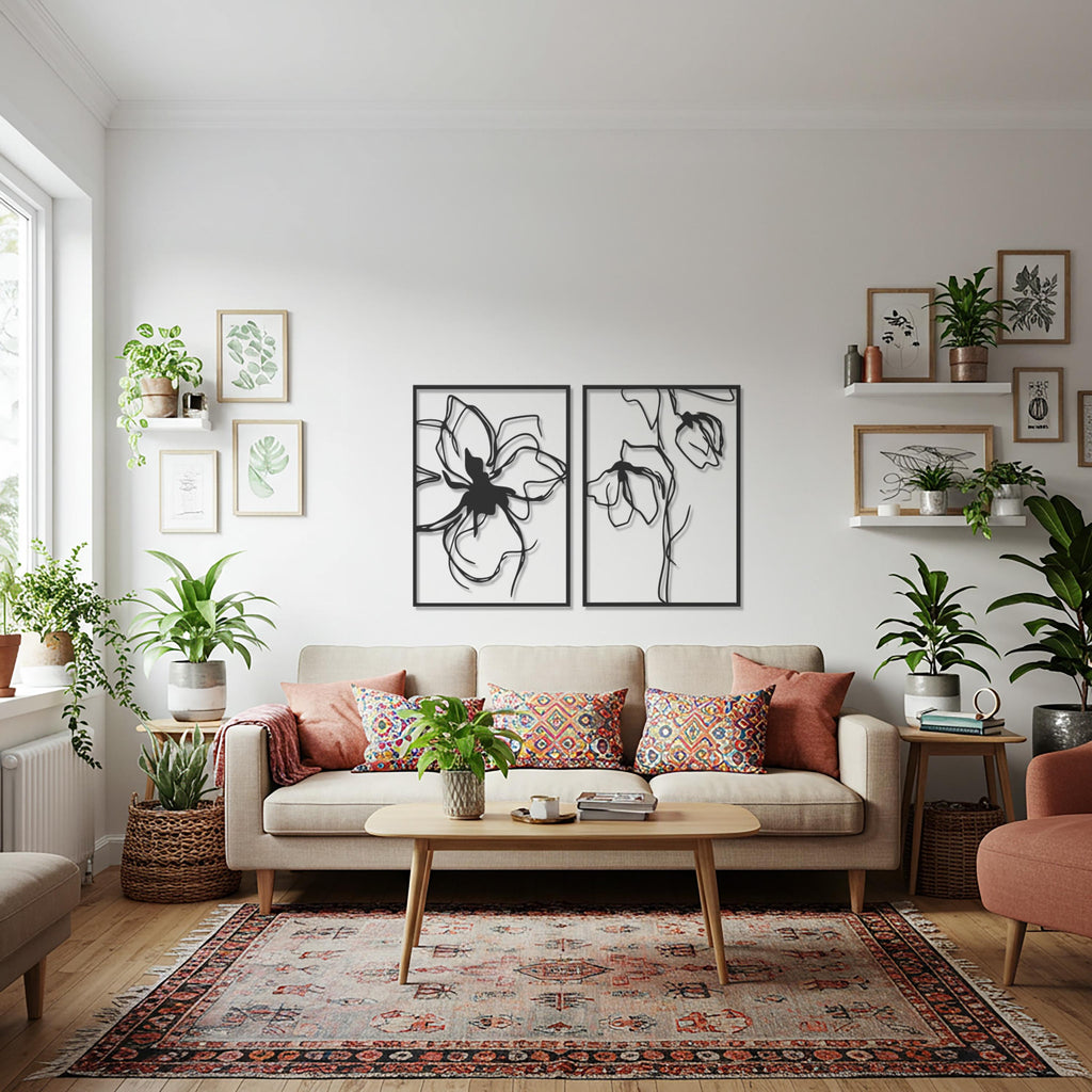 Minimalist Flower Line Art Metal Wall Decor, 2 Piece Modern Botanical Wall Art Set, Elegant Metal Floral Wall Accent for Living Room