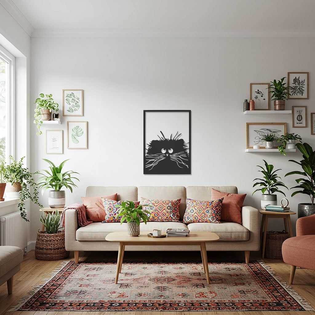 Cute Cat Metal Wall Art, Whisker Cat Silhouette Wall Decor, Modern Black Steel Cat Sign, Playful Pet Lovers Gift for Home or Office