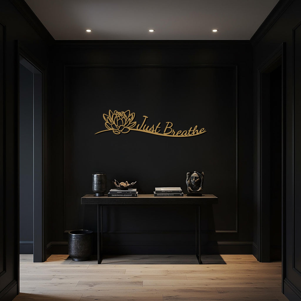 Just Breathe Metal Wall Art, Lotus Flower Minimalist Quote Decor, Motivational Steel Sign for Calm Atmosphere, Yoga & Meditation Spaces