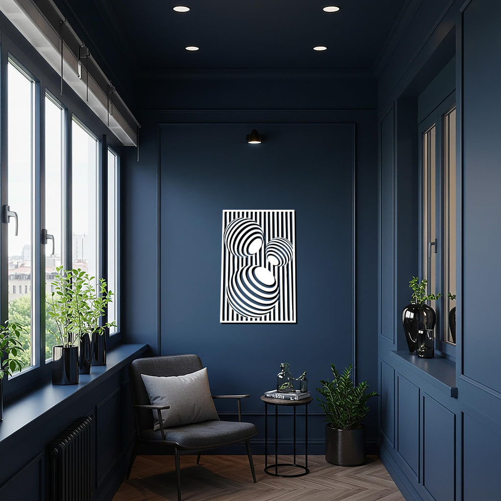 Geometric Abstract Metal Wall Art, Modern Optical Illusion Steel Panel, Bold Black Striped Home Decor for Contemporary Interiors