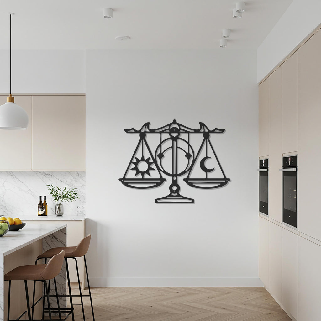 Balance Scales, Sun and Moon Metal Wall Art, Spiritual Justice Symbol, Modern Abstract Decor, Unique Gift for Harmony and Home Design