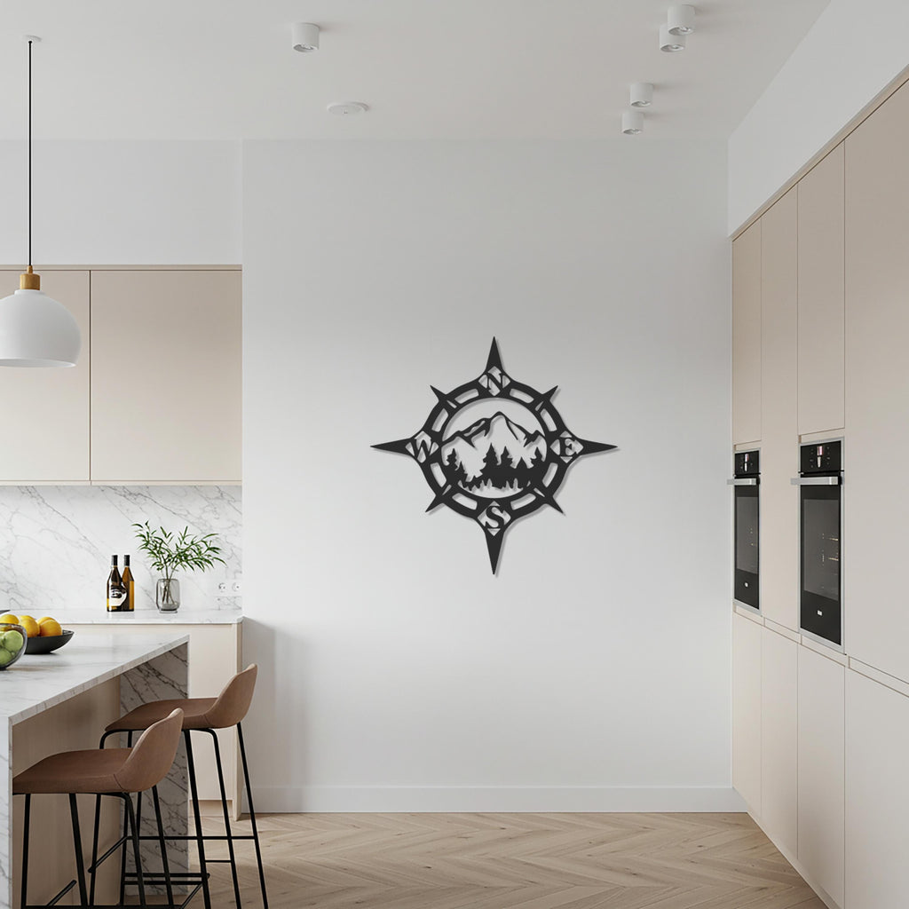 Compass Metal Wall Art, Mountain Forest Design, Adventure-Inspired Metal Decor for Nature Lovers, Rustic Homes, and Modern Living Spaces