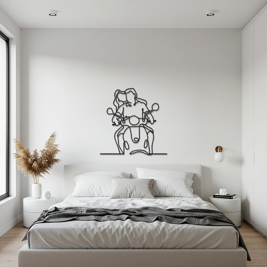 Couple Motorcycle Metal Wall Art, Romantic Rider Silhouette, Line Art Biker Decor for Unique Homes, Adventure Lover and Minimalist Interiors